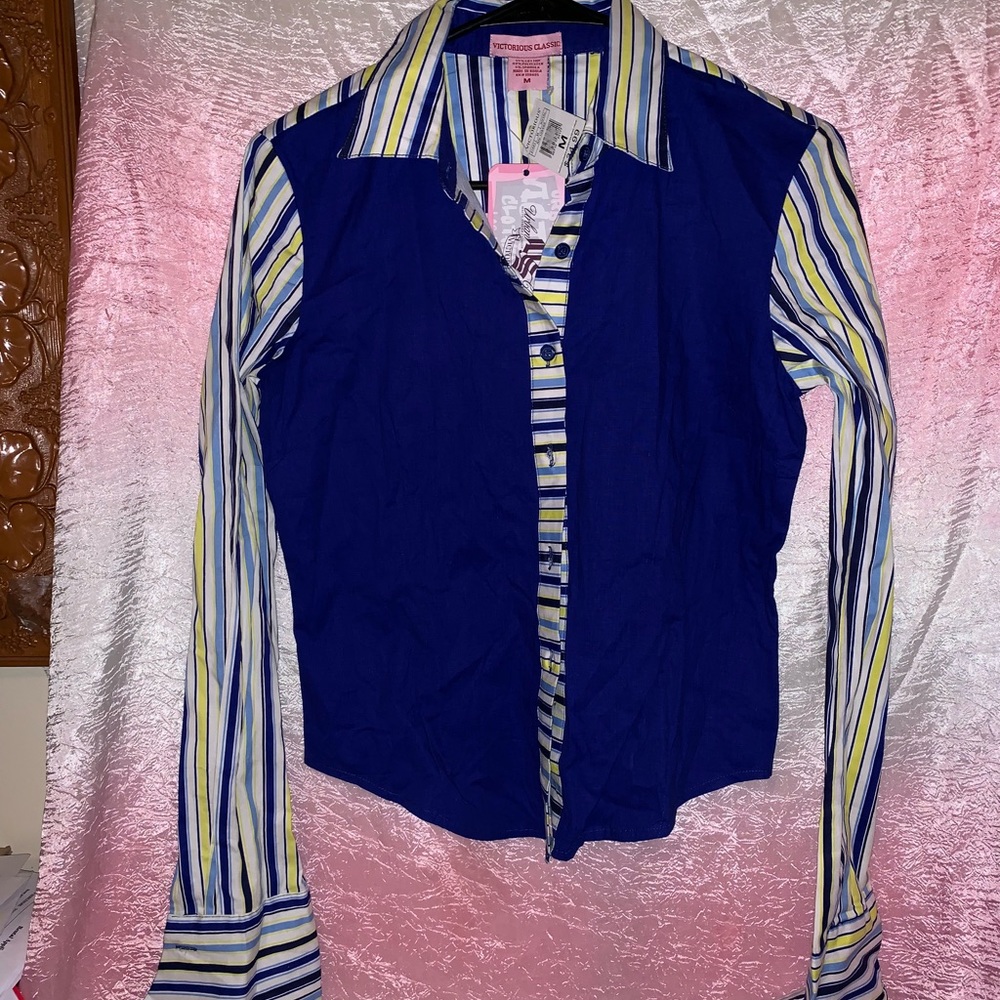 Victoria Classic blue Yellow Striped button Down